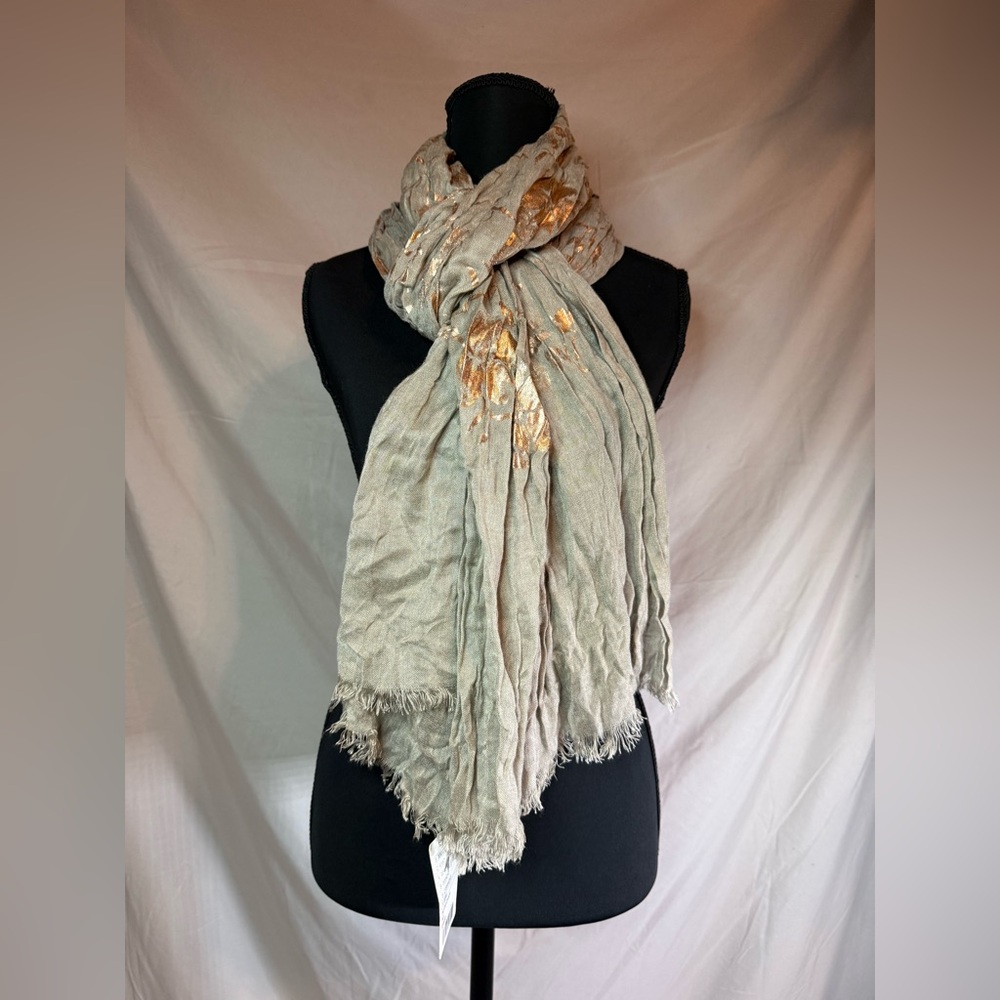 Anthropologie Saachi Olive‎ & Copper Orchid Painted Scarf 🫒